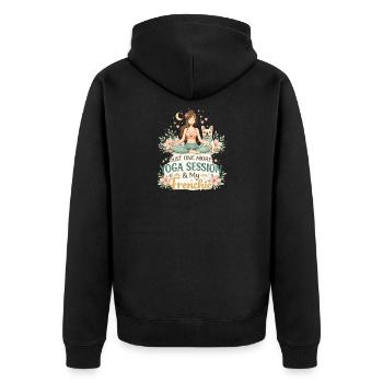 Yoga Session mit meinem Frenchie French Bulldog  - Unisex Premium Bio Zip Hoodie - Schwarz - Hinten - Nico (187cm)