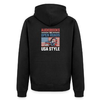 Road Trip USA Mit Hörbuch Lustiges Reise Motiv - Unisex Premium Bio Zip Hoodie - Schwarz - Hinten - Nico (187cm)
