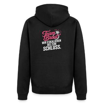 Team Braut Wir Eskalieren Crew Squad JGA Frauen - Unisex Premium Bio Zip Hoodie - Schwarz - Hinten - Nico (187cm)