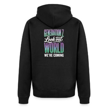 Generation Z Lookout World - Unisex Premium Bio Zip Hoodie - Schwarz - Hinten - Nico (187cm)