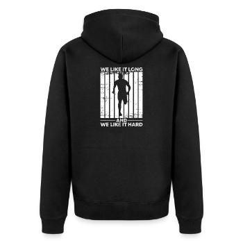 Marathonien : Nous aimons la course longue et intense. - Veste à capuche bio Premium Unisexe - noir - Dos - Nico (187cm)