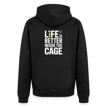 Padel Spieler Life Is Better Inside The Cage Padel - Unisex Premium Bio Zip Hoodie - Schwarz - Hinten - Nico (187cm)