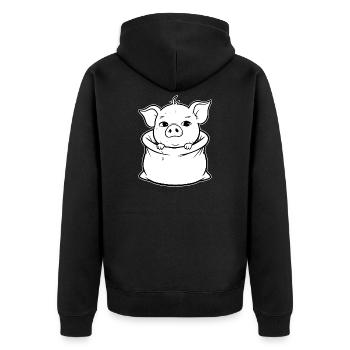 Kuscheliges Schweinchen aus dem Sack - Unisex Premium Bio Zip Hoodie - Schwarz - Hinten - Nico (187cm)