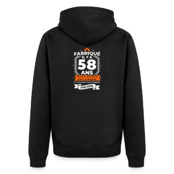 Fabrication vintage 58 ans - Origine - Veste à capuche bio Premium Unisexe - noir - Dos - Nico (187cm)