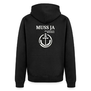 Norddeutscher Humor Spruch: Muss Ja  - Unisex Premium Bio Zip Hoodie - Schwarz - Hinten - Nico (187cm)