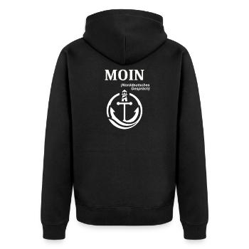 MOIN Norddeutscher Humor Spruch lustig  - Unisex Premium Bio Zip Hoodie - Schwarz - Hinten - Nico (187cm)
