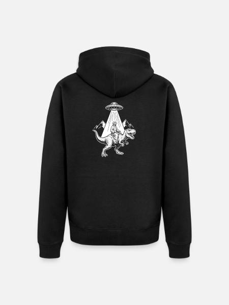 Dino im UFO-Lichtstrahl - Unisex Premium Bio Zip Hoodie - Schwarz