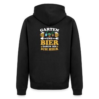 Garten und Bier Darum bin ich hier - Unisex Premium Bio Zip Hoodie - Schwarz - Hinten - Nico (187cm)