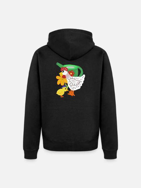 Chicken and chick in flower garden - Unisex Premium Organic Zip Hoodie - black
