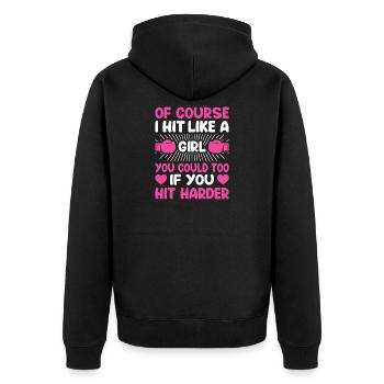 Schlag wie ein Mädchen – starke Schlagkraft – Ermächtigung - Unisex Premium Bio Zip Hoodie - Schwarz - Hinten - Nico (187cm)