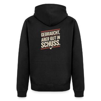 Gebraucht Aber Gut In Schuss Oldtimer Geburtstag - Unisex Premium Bio Zip Hoodie - Schwarz - Hinten - Nico (187cm)