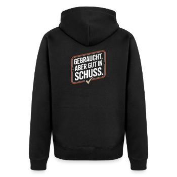 Gebraucht Aber Gut In Schuss Oldtimer Geburtstag - Unisex Premium Bio Zip Hoodie - Schwarz - Hinten - Nico (187cm)
