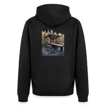 Lakeside Cabin at Dusk - Unisex Premium Organic Zip Hoodie - black - Back - Nico (187cm)