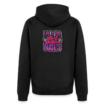 Nageldesigner Nageldesignerin Kosmetik Nagelstudio - Unisex Premium Bio Zip Hoodie - Schwarz - Hinten - Nico (187cm)
