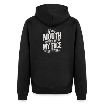 Wenn der Mund schweigt, spricht das Gesicht - Unisex Premium Bio Zip Hoodie - Schwarz - Hinten - Nico (187cm)