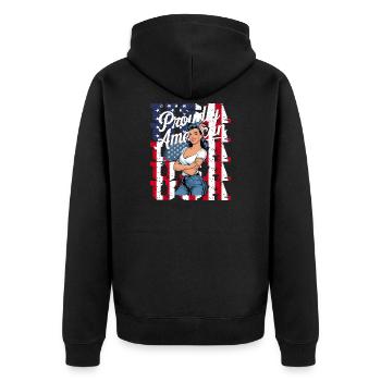 Proudly American im Retro-Look - Unisex Premium Bio Zip Hoodie - Schwarz - Hinten - Nico (187cm)