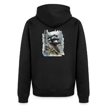 Waldglashütte auf der Klippe - Unisex Premium Bio Zip Hoodie - Schwarz - Hinten - Nico (187cm)