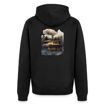 Feuerbeleuchtete moderne Hütte am See - Unisex Premium Bio Zip Hoodie - Schwarz - Hinten - Nico (187cm)