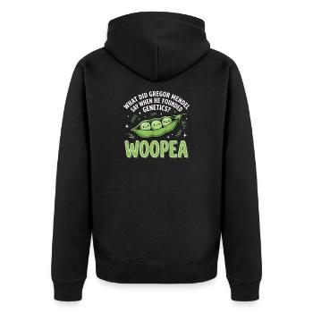 ErbsenGenetik Mendelwitz WOOPEA - Unisex Premium Bio Zip Hoodie - Schwarz - Hinten - Nico (187cm)