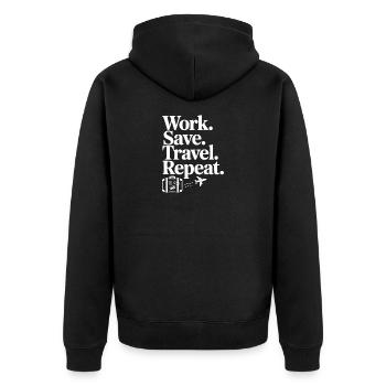 Arbeit. Speichern. Reisen. Wiederholen. - Unisex Premium Bio Zip Hoodie - Schwarz - Hinten - Nico (187cm)