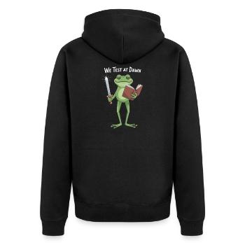 Wir testen bei Dawn Frog Knight - Unisex Premium Bio Zip Hoodie - Schwarz - Hinten - Nico (187cm)