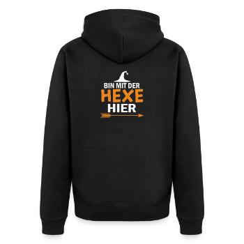 Bin mit der Hexe Hier – Hexen Humor  - Unisex Premium Bio Zip Hoodie - Schwarz - Hinten - Nico (187cm)