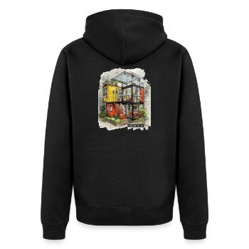 CONTAINED BUT FREE – Moderne Shipping Container Art - Unisex Premium Bio Zip Hoodie - Schwarz - Hinten - Nico (187cm)