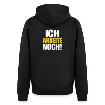 Ich arbeite noch! Distressed Typo - Unisex Premium Bio Zip Hoodie - Schwarz - Hinten - Nico (187cm)