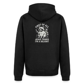 First of All Jesus Thinks I'm A Delight Raccoon - Unisex Premium Organic Zip Hoodie - black - Back - Nico (187cm)