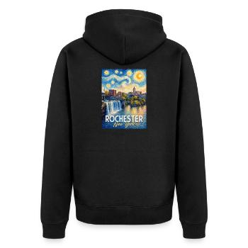 Rochester New York Skyline Kunst - Unisex Premium Bio Zip Hoodie - Schwarz - Hinten - Nico (187cm)