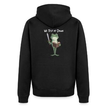 Dawn Test Froschritter - Unisex Premium Bio Zip Hoodie - Schwarz - Hinten - Nico (187cm)