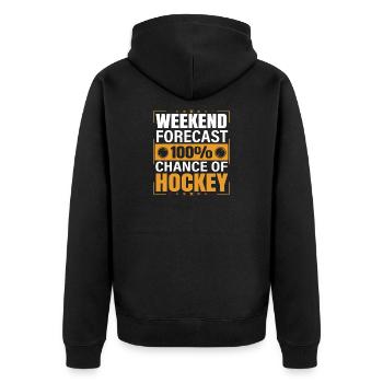 Wochenendprognose: 100 % Hockey - Unisex Premium Bio Zip Hoodie - Schwarz - Hinten - Nico (187cm)