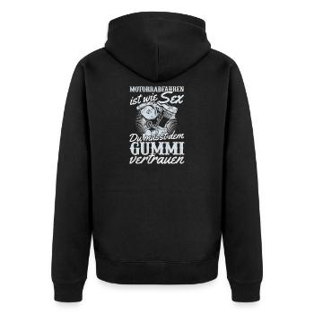 Motorrad Humor Sex Gummi Vertrauen - Unisex Premium Bio Zip Hoodie - Schwarz - Hinten - Nico (187cm)