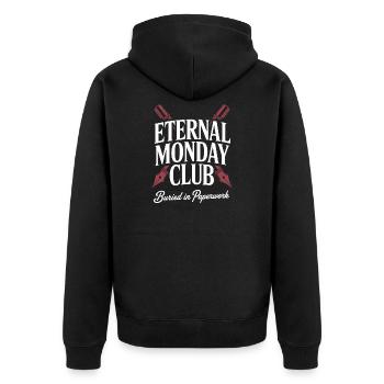 Ewiger Montag Club: Papierkram - Unisex Premium Bio Zip Hoodie - Schwarz - Hinten - Nico (187cm)