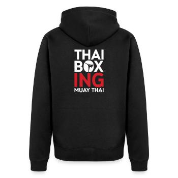 Thai-Boxen-Muay-Thai-Emblem - Unisex Premium Bio Zip Hoodie - Schwarz - Hinten - Nico (187cm)