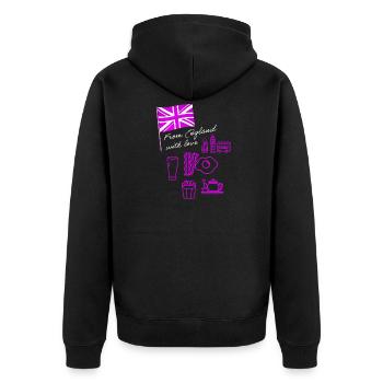EXANGLIA (Lila + Weißer Text) - Unisex Premium Bio Zip Hoodie - Schwarz - Hinten - Nico (187cm)