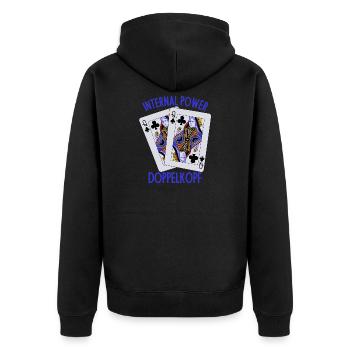 Doppelkopf: Geistige Stärke - Unisex Premium Bio Zip Hoodie - Schwarz - Hinten - Nico (187cm)