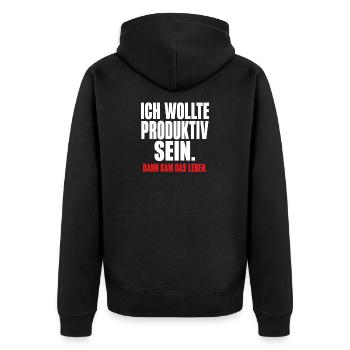 Ich wollte produktiv sein – Dann kam das Leben - Unisex Premium Bio Zip Hoodie - Schwarz - Hinten - Nico (187cm)