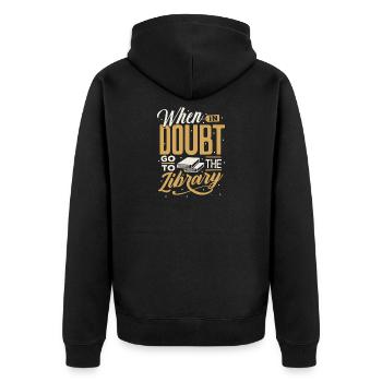Im Zweifel Bibliothekszitat - Unisex Premium Bio Zip Hoodie - Schwarz - Hinten - Nico (187cm)