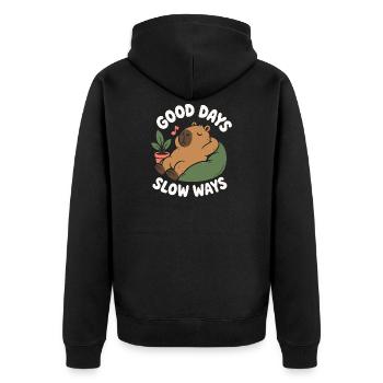 Good Days Slow Ways Capybara - Unisex Premium Bio Zip Hoodie - Schwarz - Hinten - Nico (187cm)