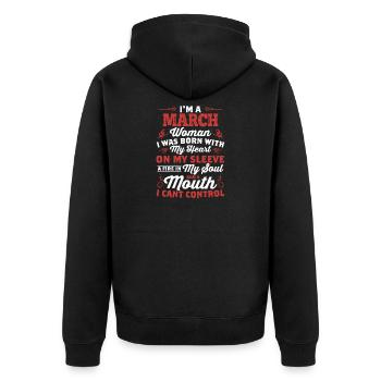 March Woman: Feuer in meiner Seele - Unisex Premium Bio Zip Hoodie - Schwarz - Hinten - Nico (187cm)