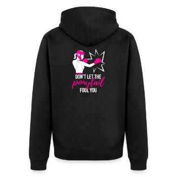 Punchy Ponytail Power - Unisex Premium Bio Zip Hoodie - Schwarz - Hinten - Nico (187cm)