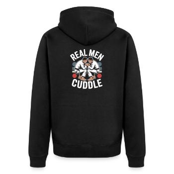 Real Men Cuddle Brazilian Jiu Jitsu MMA Judo BJJ - Unisex Premium Bio Zip Hoodie - Schwarz - Hinten - Nico (187cm)