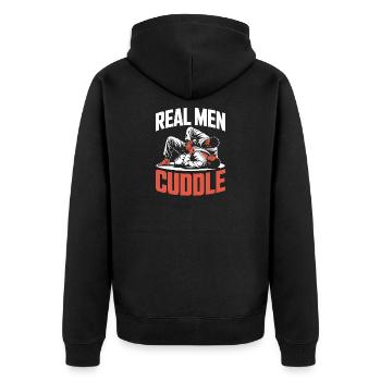 Real Men Cuddle Brazilian Jiu Jitsu MMA Judo BJJ - Unisex Premium Bio Zip Hoodie - Schwarz - Hinten - Nico (187cm)