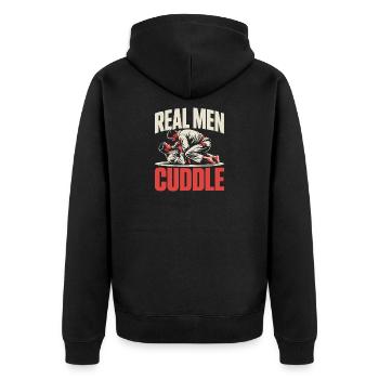 Real Men Cuddle Brazilian Jiu Jitsu MMA Judo BJJ - Unisex Premium Bio Zip Hoodie - Schwarz - Hinten - Nico (187cm)