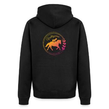 Voltigieren Bank: Volti Pferdesport Pflichtübung - Unisex Premium Bio Zip Hoodie - Schwarz - Hinten - Nico (187cm)