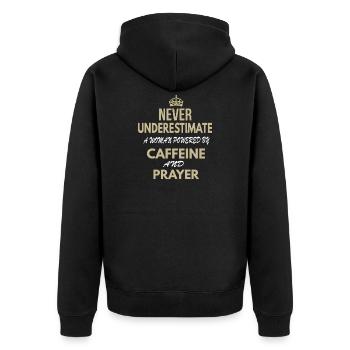 Unterschätze niemals eine Frau, die von Koffein angetrieben wird - Unisex Premium Bio Zip Hoodie - Schwarz - Hinten - Nico (187cm)