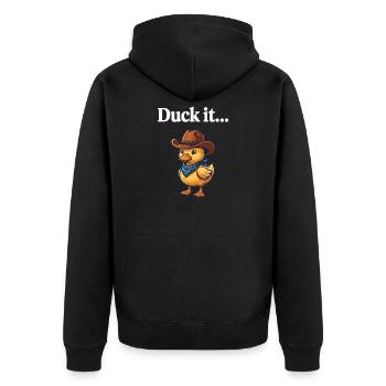 Funny Cowboy Duck It - Sarcastic Western Pun - Unisex Premium Organic Zip Hoodie - black - Back - Nico (187cm)