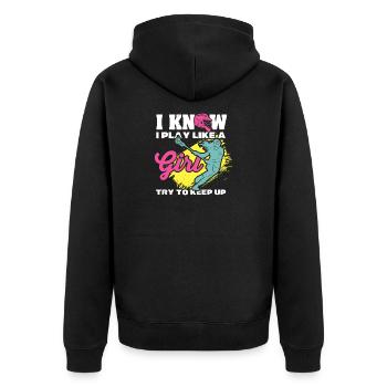 Ich weiß, ich spiele wie ein Mädchen Lacrosse-Neon - Unisex Premium Bio Zip Hoodie - Schwarz - Hinten - Nico (187cm)