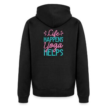 Yoga Life Happens Yoga Helps Funny Yoga - Unisex Premium Bio Zip Hoodie - Schwarz - Hinten - Nico (187cm)